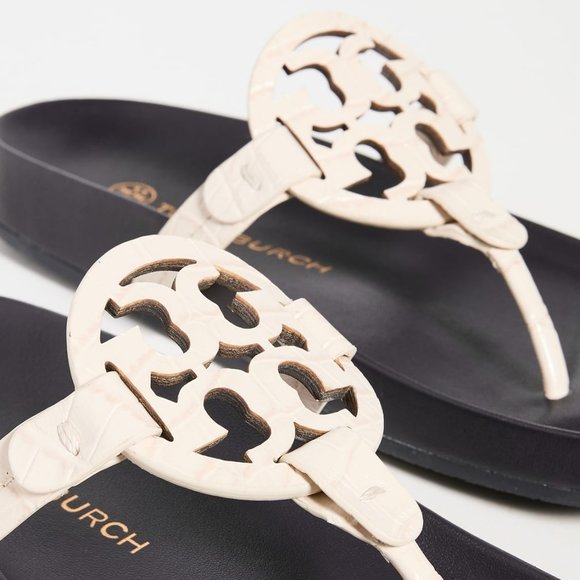 Tory Burch CROC EMBOSSED Miller Cloud Leather Thong Slides New Ivory Cream Navy